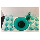 Green Glass Bowl, Small Glasses and Oil Dispenser