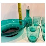 Green Glass Bowl, Small Glasses and Oil Dispenser