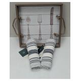 3 Piece - 2 Flour Sack Kitchen Towels with Mini Serving Tray