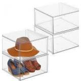Plastic Stackable Closet Storage Organizer Bin Containers with Front Pull Drawer for Cabinet, Desk, Shelf, Cupboard, or Dresser Organization - Lumiere Collection - 4 Pack - Clear