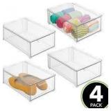 Plastic Stackable Closet Storage Organizer Bin Containers with Front Pull Drawer for Cabinet, Desk, Shelf, Cupboard, or Dresser Organization - Lumiere Collection - 4 Pack - Clear