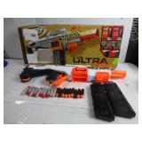 Nerf Ultra Select Fully Motorized Blaster, Fire for Distance or Accuracy, Automatic Electric Full Auto Toy Foam Blasters NOT TESTED, NO BATTERIES, MISSING 1 DISTANT NERF DARTS, ONLY 9 DISTANT & 10 ACC