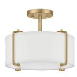 Home Decorators Collection Brookley 14 in. 2-Light Brushed Gold Semi-Flush Mount with White Fabric Shade