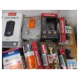 ASSORTED BOX LOT OF DOOR KNOBS, DEADBOLTS - ETC.