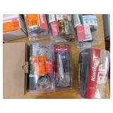 ASSORTED BOX LOT OF DOOR KNOBS, DEADBOLTS - ETC.