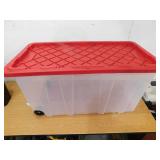 HDX 77 Gal. Tough Storage Tote with Wheels in Clear with Red Lid