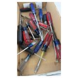 Box of Assorted Screwdrivers and Tools