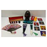 Misc. Vintage Oriental Collectibles Including Wood Enamel 8 1/2" Tall Two Piece Egg Storage Vessel & More