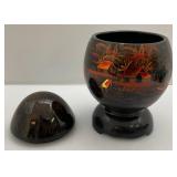 Misc. Vintage Oriental Collectibles Including Wood Enamel 8 1/2" Tall Two Piece Egg Storage Vessel & More