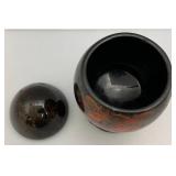 Misc. Vintage Oriental Collectibles Including Wood Enamel 8 1/2" Tall Two Piece Egg Storage Vessel & More