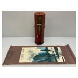 Vintage Chinese Hexagonal Scroll Box With Vintage Oriental Scroll 11 1/2" L x 31" H