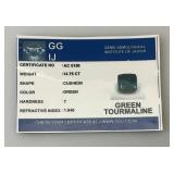 GG IJ Gems Gemological Institute Of Jaipur (Lab Created) 14.75 CT Cushion Cut Green Tourmaline With Card (In Protective Case)