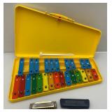 Vintage 25K Xylophone Kids Rainbow Bars /1 Mallet & M. Hohner Blues Harp In Original Case