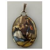 Vintage Limoges France Courting Couple Fine Bone China Pendant With Sterling Marked Holder & Slide In Original Jeweler Box 1 5/8" xc1 1/4"