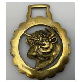Vintage Brass Ornate (Bull  Adorned) Horse Bridle Decoration Piece 3" x 4"
