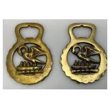 Vintage Set Of  Brass Horse Harness Bridle Medallion With Lancashire Swans  2 5/8" x 3 1/2"