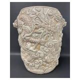 Intricately Carved Ceramic Asian Dragon-Motif Plant Stand/Stool