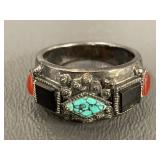 Vintage Silver Ring with Turquoise, Carnelian, Black Stones