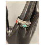 Vintage Silver Ring with Turquoise, Carnelian, Black Stones