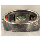 Vintage Silver Ring with Turquoise, Carnelian, Black Stones