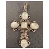 Large Statement Sterling Silver Marcasite Mother of Pearl Cross Pendant