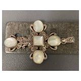 Large Statement Sterling Silver Marcasite Mother of Pearl Cross Pendant