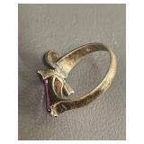 Vintage Sterling Silver Bow Ring with Purple Baguette Gemstone