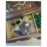 Vintage Jewelry Lot with Wooden Box Collection, Rocks and Some Silver Pieces
