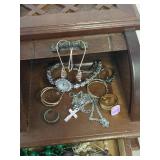 Vintage Jewelry Lot with Wooden Box Collection, Rocks and Some Silver Pieces