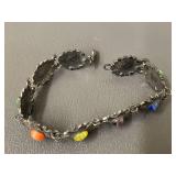 Vintage Multi Color Cabochon Sterling Silver Linked Bracelet 7"