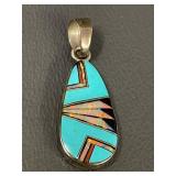 DL Sterling Turquoise Opal Onyx Inlay Pendant - Navajo Style