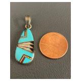 DL Sterling Turquoise Opal Onyx Inlay Pendant - Navajo Style