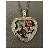 Heart Pendant Multi Color Gemstone Sterling Silver Necklace