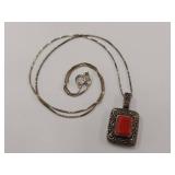 Sterling Silver Marcasite Necklace with Red Gemstone Pendant