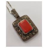 Sterling Silver Marcasite Necklace with Red Gemstone Pendant