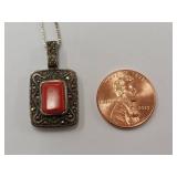 Sterling Silver Marcasite Necklace with Red Gemstone Pendant