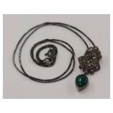 Vintage Sterling SIlver Marcasite Necklace with Green Teardrop Pendant