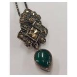 Vintage Sterling SIlver Marcasite Necklace with Green Teardrop Pendant