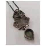 Vintage Sterling SIlver Marcasite Necklace with Green Teardrop Pendant