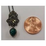 Vintage Sterling SIlver Marcasite Necklace with Green Teardrop Pendant