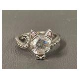 Cat-Inspired Sterling Silver Cocktail Ring with Clear Gemstone
