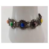 Vintage 925 Silver Bracelet with Multicolor Cabochons