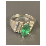 Marquise Green Stone Sterling Silver Ring Sz 7
