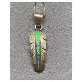 Sterling Silver 925 Feather Pendant Opal Inlays 925 Italy