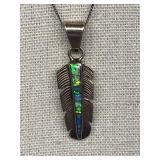 Sterling Silver 925 Feather Pendant Opal Inlays 925 Italy