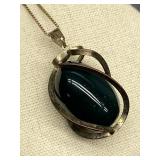 Vintage Sterling Silver 925 Swirling Pendant Necklace with Green Stone