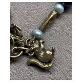 Vintage Freshwater Pearl Sterling Silver 925 Animal Charms Blue Bead Necklace - 38.2 Grams