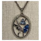 Vintage Floral Blue Rhinestone Sterling Silver 925 Pendant