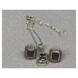 Sterling Silver 925 Necklace and Earrings Set with Purple Stones