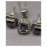 Sterling Silver 925 Necklace and Earrings Set with Purple Stones